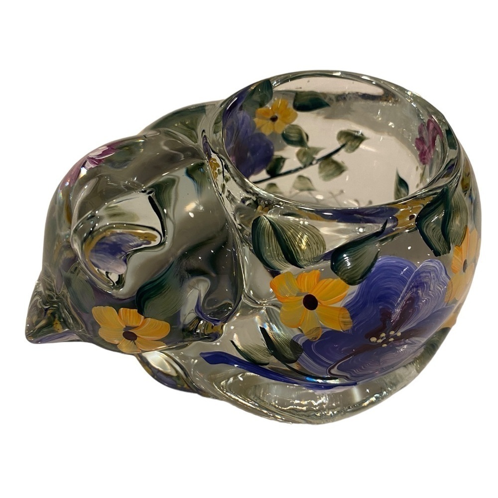 Glass Hand Painted Floral Design Curled Up Sleeping Kitty Cat Candle Holder VTG.